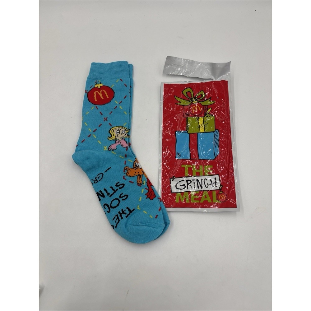 2025 McDONALD'S Grinch Socks Christmas Adult Happy Meal Blue Socks Open Bag Rare